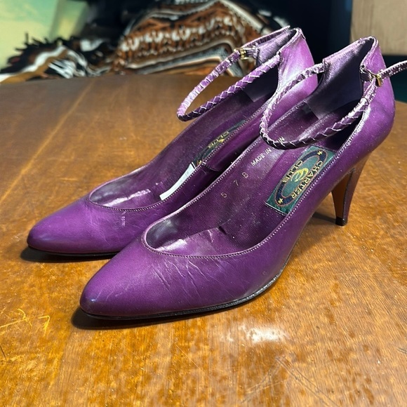 Vintage Purple Leather Ankle Strap Heels Size 7 - Picture 1 of 11